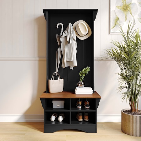 Flash Furniture Paisley 31.5in. Wide Hall Tree w/Bench, 3 Single Storage Hooks, and 4 Lower Storage Cubbies NAN-FY-HY-HT06-BLKWNT-GG